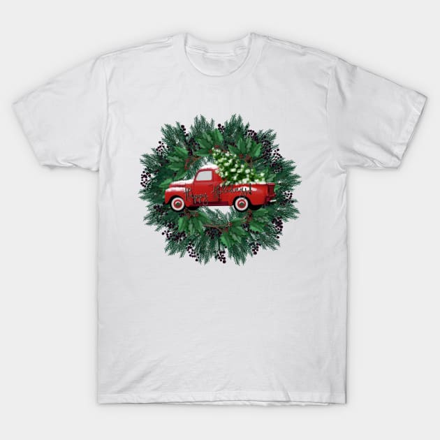 Christmas Wreath | Happy Holidays! Truck | Berries and Holly by Cherie(c)2021 T-Shirt by CheriesArt